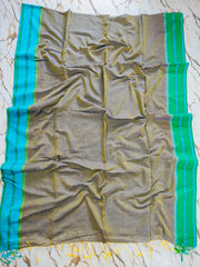 Blue green Ganga-Yamuna bordered dual tone (blue-yellow) colour body mercerised cotton saree