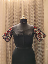 Kalamkari sleeved solid designer blouse with back mirror work (Black)