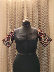 Kalamkari sleeved solid designer blouse with back mirror work (Black)