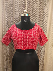 Red printed backless cotton blouse with sleeves