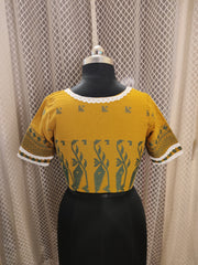 Mustard yellow Jamdani blouse with laces and sleeves