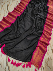 Gold pink border black "Festive Edit" mul cotton saree