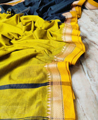 Navy cream temple bordered Black body Mercerised cotton saree (Yellow pallu and bp)