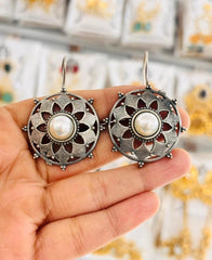 Silver Replica pearl floral dangler earrings