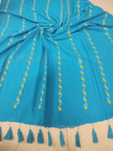 "Sky blue' mul saree with floral machine embroidery
