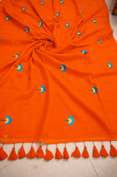 Orange mul cotton saree with floral machine embroidery
