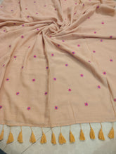 Biscuit mul saree with floral machine embroidery