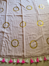 Soft warm pink " Circle Stars " collection of sequinned mul cotton saree