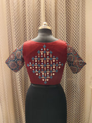 Kalamkari sleeved solid designer blouse with back mirror work (Red)