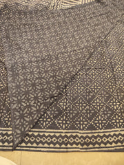 Grey natural dyed block printed Jaipur mulmul saree