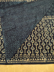 Navy blue natural dyed block printed Jaipur mulmul saree