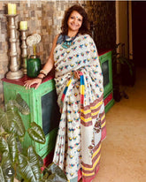 Quiry bird screen print on Jaipur mul mul cotton saree