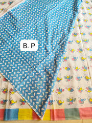 Quiry bird screen print on Jaipur mul mul cotton saree