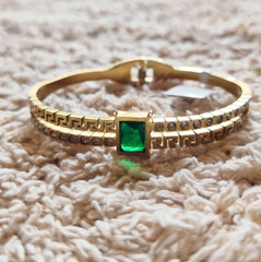 Green stone 18k gold polished on stainless steel bangle bracelet