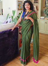 Pink bordered bottle green "Office Offfice " collection of mul cotton saree