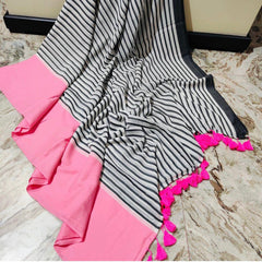 Pink bordered black and white " Office Office " collection of mul cotton saree