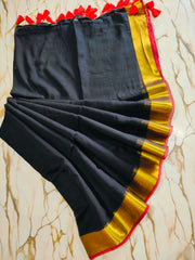 Black and gold bordered beige mul cotton saree