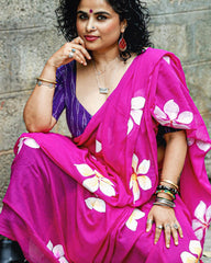 Black " Bougainvilles " handpainted mul cotton saree