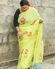 Stencil " Roses" handpainted mul cottton saree