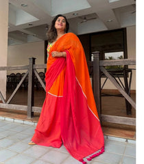 Orange and red "Office Office " collection of mul cotton saree