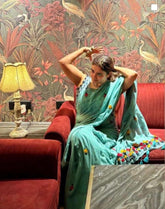 "Zinnia " floral work in mul cotton saree