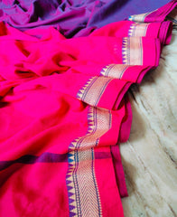 Pink cream temple bordered dual tone (blue pink) body Mercerised cotton saree (Hot pink pallu and bp)