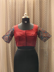 Kalamkari sleeved solid designer blouse with back mirror work (Red)