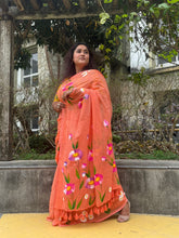 Peach hand painted "Calendula" mul cotton saree