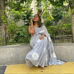 Grey Hand-painted "Daisy" mul cotton saree