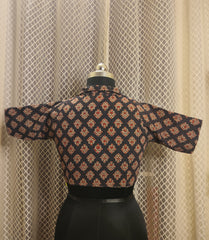 Black collared ajrakh printed kantha blouse with sleeves