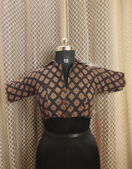 Black collared ajrakh printed kantha blouse with sleeves