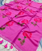 Stencil " Roses" handpainted mul cottton saree