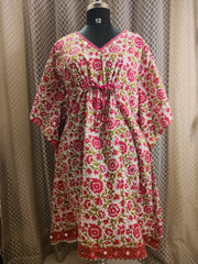 Pink white sequinned block printed Kaftan- knee length