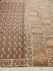 Brown natural dyed block printed Jaipur mulmul saree
