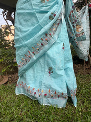 " Swans " Hand painted and hand - embroidered cotton - linen saree.