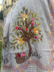 "Tree of life " hand painted and hand-embroidered cotton-linen saree.