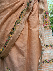 " Bouquet " hand - embroidered cotton - linen saree