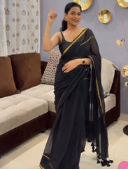 Black with double gold border "Festive Edit" mul cotton saree