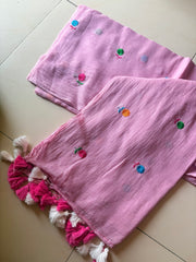 Multi colour floral embroidered blush pink mul cotton saree