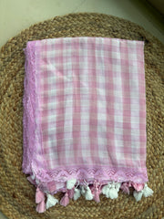 Coloured lace chequered mul cotton saree