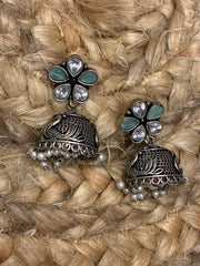 Silver Replica Floral pearl beads jhumka with sea green and white glass stones