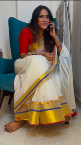 Red-blue-gold border "Festive Edit" mul cotton saree
