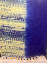 Ink-blue Lemon-yellow Shibori 'Rangoli" collection of tie dye mul cotton saree
