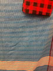 Sky blue-white-red-black woven handloom cotton saree with XO pattern + extra blouse piece