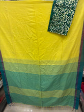 Yellow handloom cotton saree with green-red borders + extra blouse piece