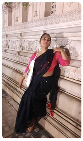 Gold sequin multi tassel black mul cotton saree