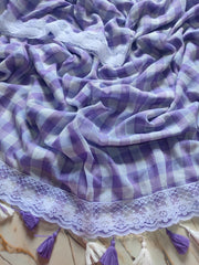 White laced chequered mul cotton saree
