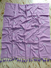 White floral embroidered Lavender mul cotton saree