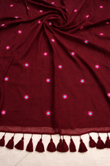 Maroon mul saree with floral machine embroidery