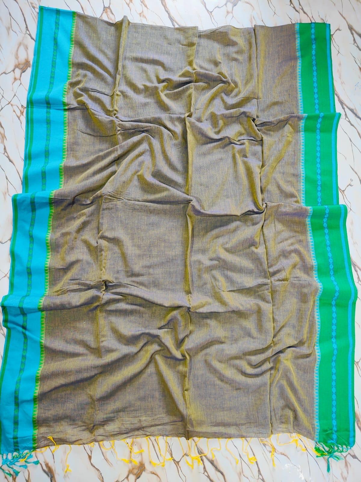 Blue green Ganga-Yamuna bordered dual tone (blue-yellow) colour body mercerised cotton saree